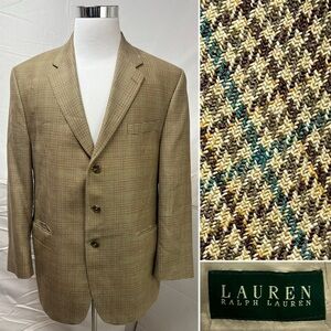 Ralph Lauren Men's 46R Tan Houndstooth Silk Wool Plaid 3-Button Vintage Blazer